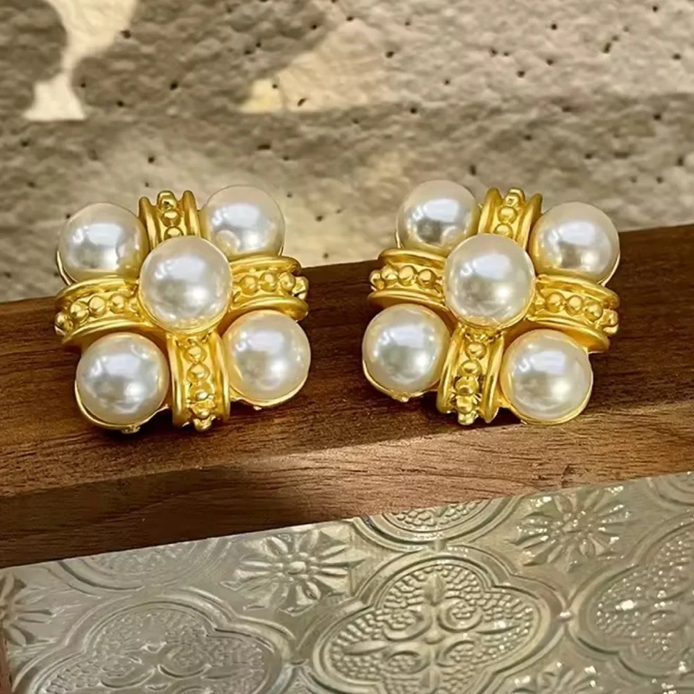 Vintage Elegant Pearl Gold Cluster Earrings
